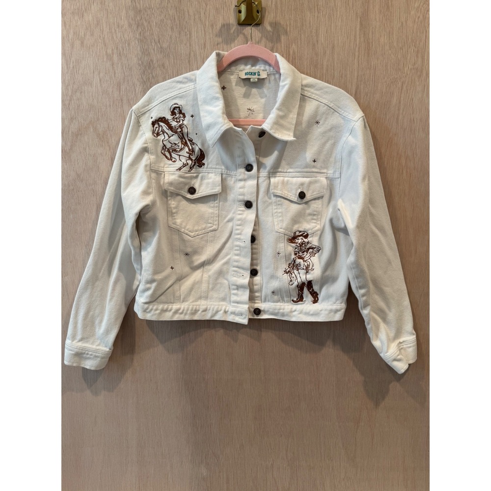 Rockin C Womens White Jean Jacket Vintage Cowgirl Embroidered Western Denim Med